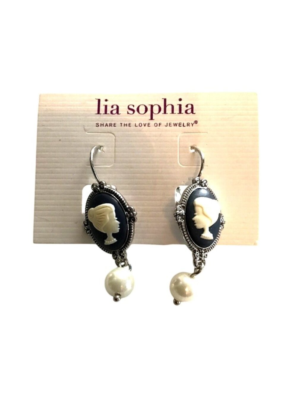 LIA SOPHIA-WOMENS NAVY STONE WITH FACE DETAIL ANND DANGLING PEARL EARRINGS